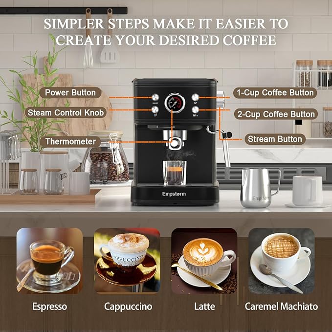 Espresso Machine Latte Coffee Makers 20 Bar, 2 IN 1 Professional Cappuccino Machine and Milk Frother Steam Wand Compatible for NS Original Capsules for Home Brewing - Black