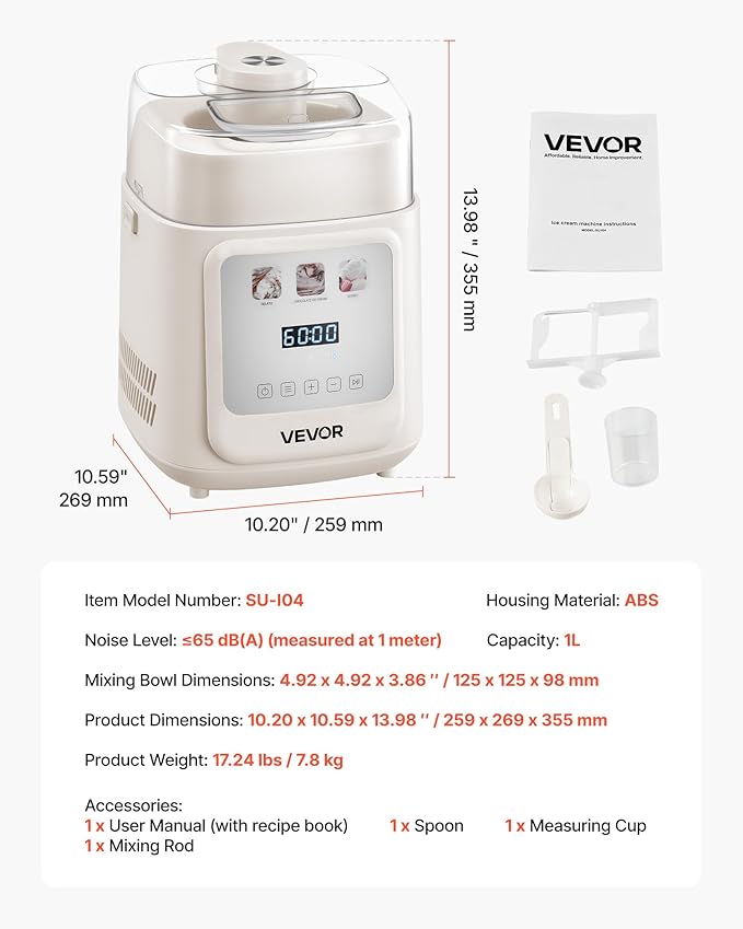 VEVOR Upright Automatic Ice Cream Maker with Built-in Compressor, 1 Quart No Pre-freezing Gelato Maker & Frozen Yogurt Machine, 4 Modes Electric Sorbet-Maker, Compressor Ice Cream Machine for Home