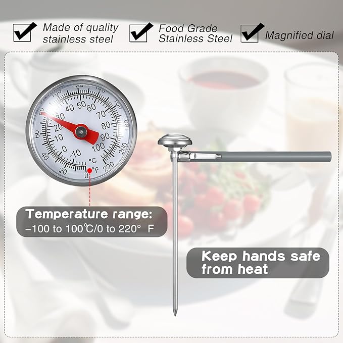 Xuhal 3 Pcs Stainless Steel Kitchen Thermometer with 5 Inch Long Stem 1 Inch Dial Thermometer Milk Frothing Food for Oven Probe Meat Grill BBQ Cooking Chocolate Water (Gray,Green,Blue)
