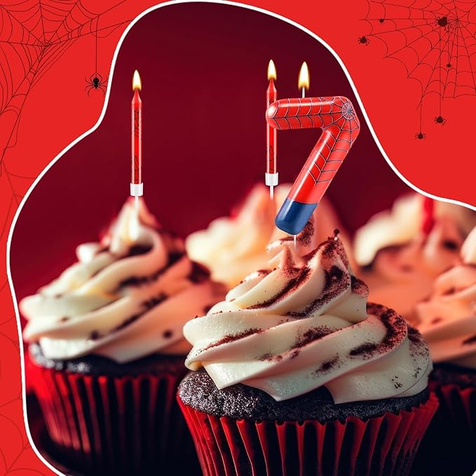 13 Pcs Spider Themed Birthday Candle Set Red Spider Theme Number 7 Candle Cake Topper for Boys Girls Birthday Decoration Spider Party Decoration Supplies (Number 7)