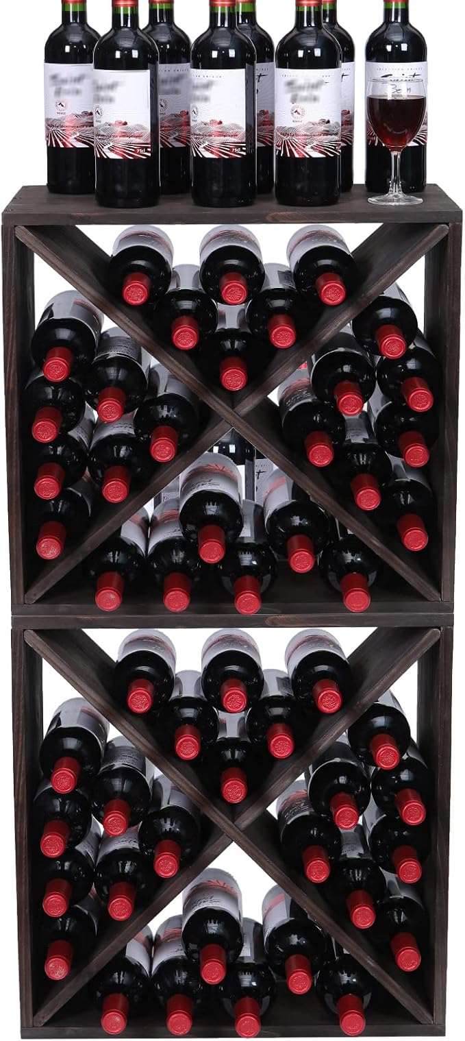 Wine Racks countertop Solid Wood Stackable Storage Rustic Retro Cube 48-Bottle Wooden Wine Rack Wine Cabinet(48BottleBlack)