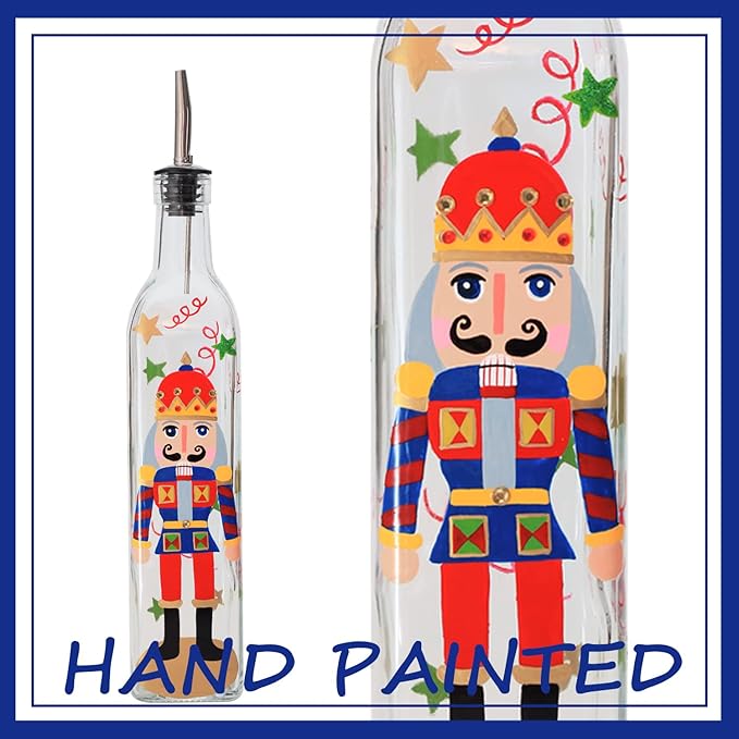 17oz Hand Painted Glass Olive Oil Bottle - 500ml Green Oil & Vinegar Cruet with Pourers and Funnel - Olive Oil Carafe Decanter for Kitchen (The Nutcracker)