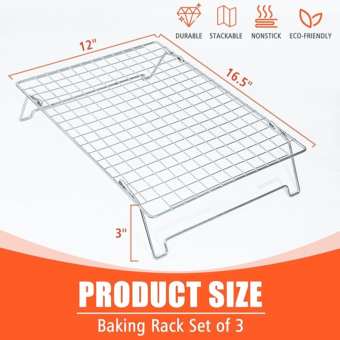 Cooling Rack, 304 Stainless Steel 3 Tier Cooling Rack for Cooling, Roasting and Grilling, Heavy Duty and Collapsible, Oven and Dishwasher Safe, 12" x 16.5", 2 Pack
