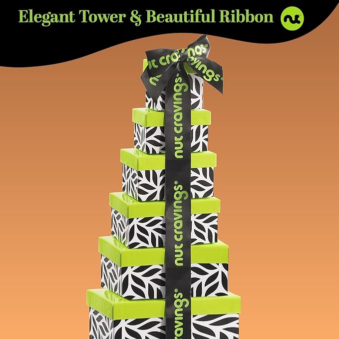 NUT CRAVINGS - Dried Fruit & Mixed Nuts Gift Basket Leaf Tower + Ribbon (12 Assortments) Food Arrangement, Healthy Snack Care Package, Food Assortments