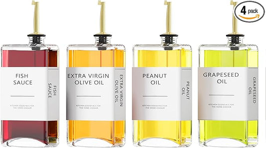 Kitchen Cooking Oil Dispenser Set, Olive Oil & Vinegar Bottles, Soy Sauce Dispenser - 4 Pieces, Gold, Elegant Book Design, Durable, Leak-Proof, Easy-Pour Spouts, Perfect for Kitchen, Dining Table