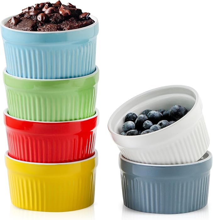Hasense Ramekins Oven Safe, 8 oz Ramekins for Baking Souffle Set of 6, Ceramic Dipping Sauce Cups for Pudding, Ice Cream, Custard, Dessert Bowls Porcelain, Dishwasher Safe, Multi color