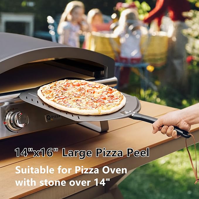 Q Pizza Perforated Pizza Peel 14", Non-stick Pizza Turning Paddle Pizza Oven Accessory, Extra Large Metal Pizza Spatula for Grill Oven Baking Bread Pastry Dough Pie Cake, Aluminium PT204