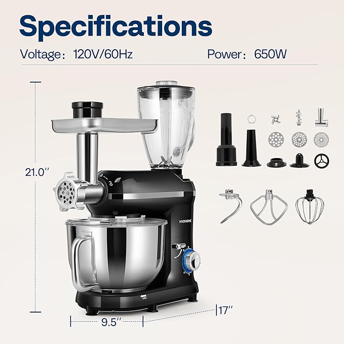 VIVOHOME 3 in 1 Multifunctional Stand Mixer with 6 Quart Stainless Steel Bowl, 650W 6 Speed Tilt-Head Meat Grinder, Juice Blender, Black