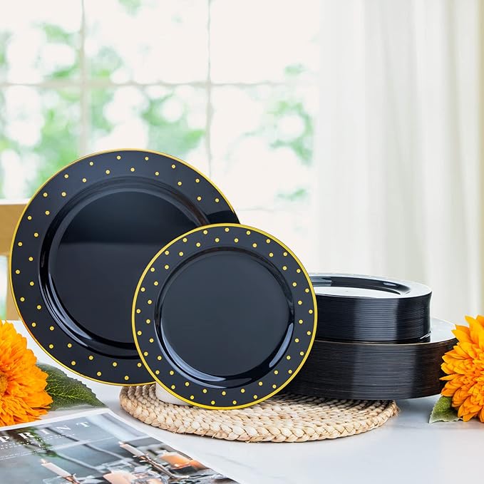 I00000 102Pcs Plastic Black Gold plates, New Year Black Plastic Plates Including 51 Dinner Plates 10.25" and 51 Salad Plates 7.5" with Gold Dots, Premium Gold Disposable Plates for Party & New Year