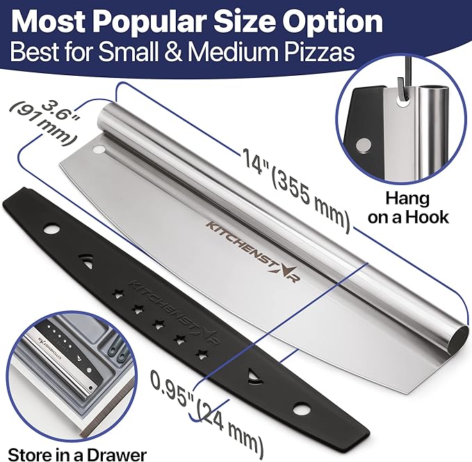 KitchenStar 14-Inch Pizza Cutter Rocker Blade - Sharp Stainless Steel Slicer Knife, Protective Cover, Dishwasher Safe, Large - Professional Pizza Oven Accessories