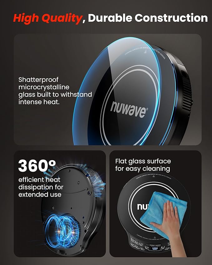 Nuwave Portable Induction Cooktop Diamond with Probe, Advanced Countertop Burner, 91 Temps from 100°F to 500°F, 12”Shatter-Proof Ceramic Glass & 6.5”Heating Coil, Ideal for RV Camp,Small Apt,Travel