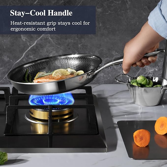 Cookware Set, Hybrid Skillets and Frying Pans Set(8+10+12inch), PFOA Free Kitchen set Dishwasher and Oven Safe Induction Compatible Stainless Steel Skillets