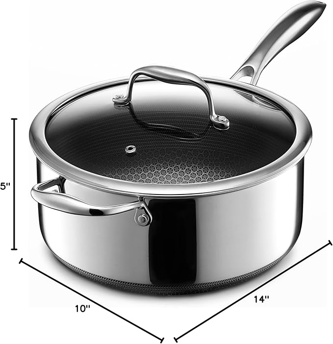 HexClad Hybrid Nonstick 5-Quart Saucepan with Tempered Glass Lid, Stay-Cool Handle, Dishwasher-Friendly, Oven-Safe Up to 900°F, Induction Ready, Compatible with All Cooktops