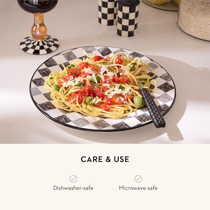 MACKENZIE-CHILDS Round Platter, Dishwasher-Safe and Microwave-Safe Stoneware Serving Platter, Black Check
