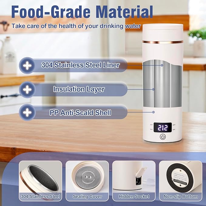 Travel Electric Kettle Portable Mini Kettle,Small Hot Water Boiler with 4 Temperature Settings,304 Stainless Steel,Fast Boiling Water with Auto Shut-Off and Boil Dry Protection,400ml (Beige, 400ML)