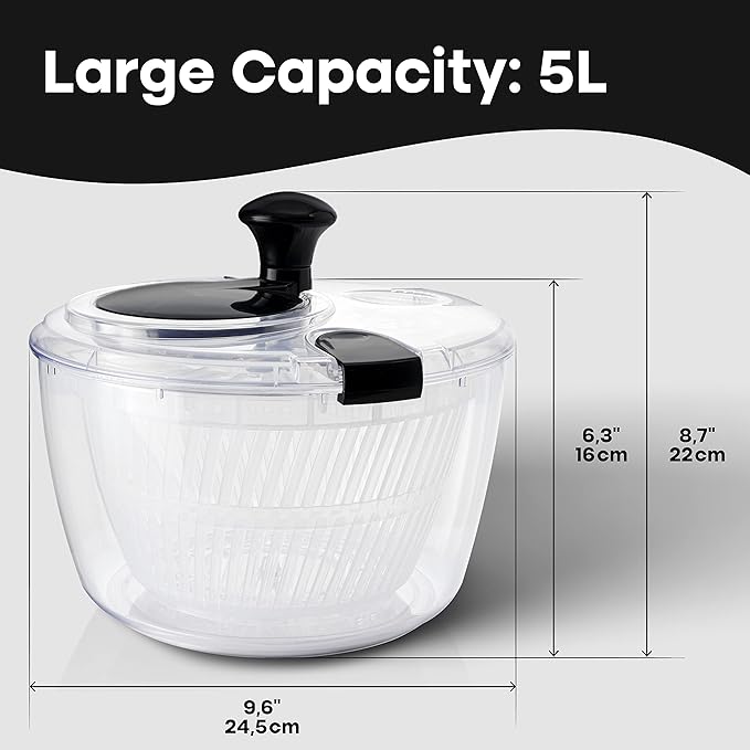 Joined Large Salad Spinner with Drain, Bowl, and Colander - Quick and Easy Multi-Use Lettuce Spinner, Vegetable Dryer, Fruit Washer, Pasta and Fries Spinner - 5.28 Qt