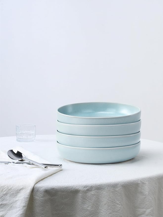 famiware Milkyway Pasta Bowls Set of 4, 8.5" Large Salad Bowls, Double Reactive Glaze, Sturdy & Stackable, Ideal for Housewarming, Festivals, Light Blue