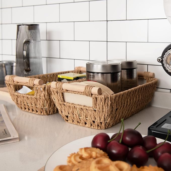 StorageWorks Hand-Woven Small Wicker Baskets, Round Paper Rope Storage Baskets with Wooden Handles, Light Brown, 2-Pack