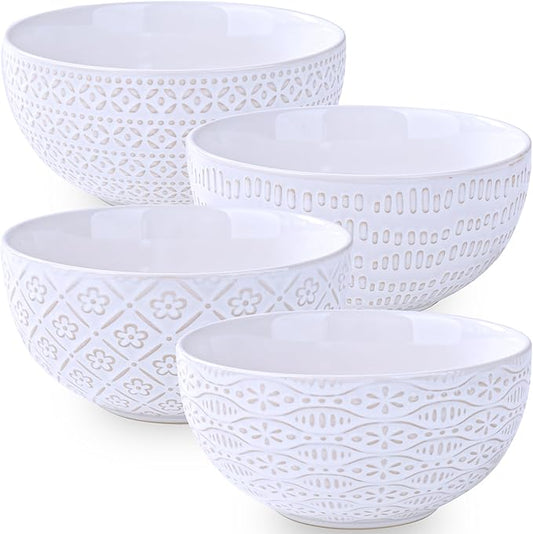 24 OZ Large Soup Bowls Set of 4, Farmhouse Embossment Ceramic Cereal Bowls for Salad, Serving, Fruit, Snack, Noodle, Ramen, Pho, Microwave & Dishwasher Safe, 6 Inch White