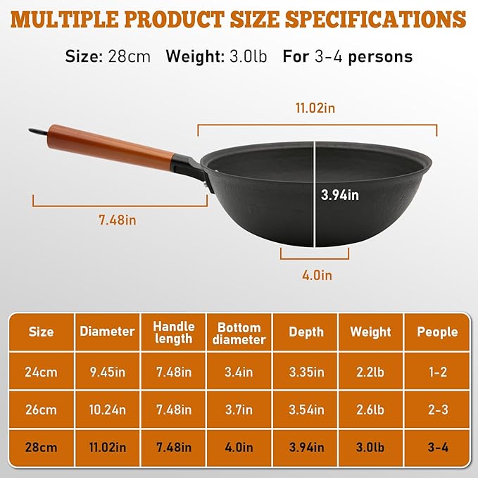 Nonstick Frying Wok Pan Hybrid, 11 Inch Preseasoned Deep Stir Fry Pan Skillet with Glass Lid, Traditional Chinese Cast Iron Wok, No Coated Saucepan for Induction, Electric, Gas, Grill Stoves