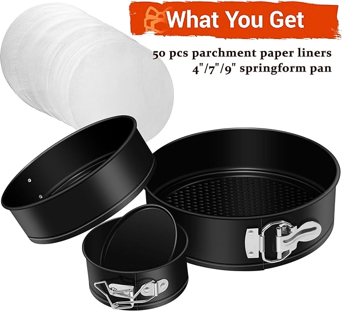 Springform Cake Pan Set of 3 Non-stick Leakproof Round Cheesecake Pan with Removable Bottom, Circle 3 Pieces 4" 7" 9" Springform Pans for Baking with 50 Pcs Parchment Paper Liners