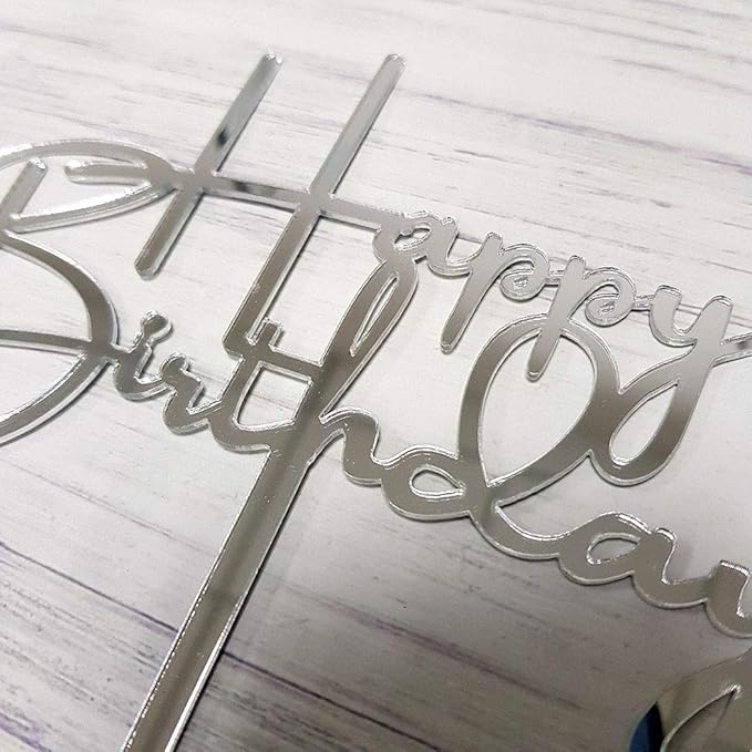 Happy Birthday Cake Topper for Birthday Party Decorations, Mirror Silver Acrylic