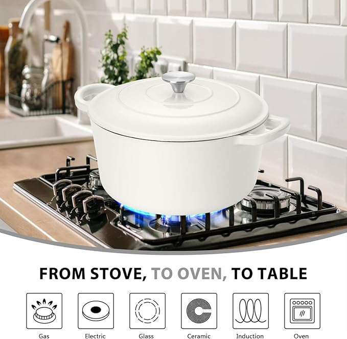 E-far 6 Quart Dutch Oven, Enameled Cast Iron Dutch Oven Pot with Lid, Nonstick Round Cookware for Braising/Stews/Roasting/Bread Baking/Cooking, Heavy Duty, Induction & Oven Safe - White