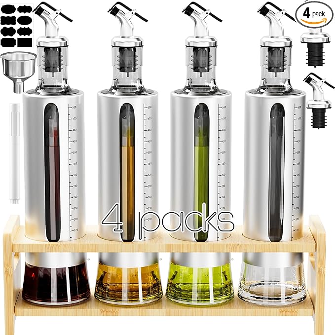 Oil Dispenser Bottle, 4 Pack Glass Olive Oil Dispenser Bottle with Shelf, 17oz/500 ml Oil and Vinegar Dispenser Set Wrapped in Stainless Steel Shell with Pourers, Funnel & Pen and Tags
