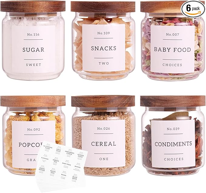 6 Set Glass Pantry Storage Jars with Acacia Airtight Lid - 15oz Thicken Glass Kitchen Canisters with 132 Pantry Labels - Clear Glass Food Storage Containers with Wood Lid for Tea,Sugar,Spice,herbs
