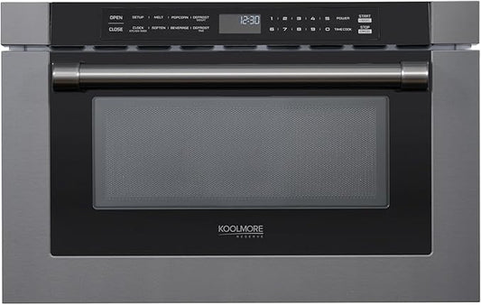 KoolMore Reserve 24 in. 1.2 cu. ft. Microwave Drawer with Electric Door Opening, 10 Power Levels, Sensor Cooking, Melt, Defrost, Bake, Roast, Broil, 1500 Watts, UL Certified in Black Stainless-Steel