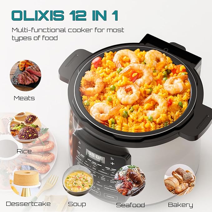 OLIXIS Electric Pressure Cooker 6 Quart Stainless Steel Multi Cooker Electric for Pressure 12-in-1 Rice, Steamer, Yogurt Maker, Slow Cook,Meat Stew, Cake, Porridge, Multigrain