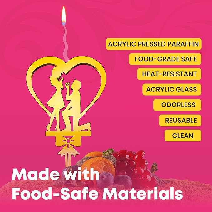 Bride and Groom Reusable Gold Romantic Cake Candle - Luxury Cake Topper Candle for Birthdays, Weddings & Anniversaries - Reusable Food Safe Acrylic, Shiny Mirror Finish - Happy Birthday Cake Topper