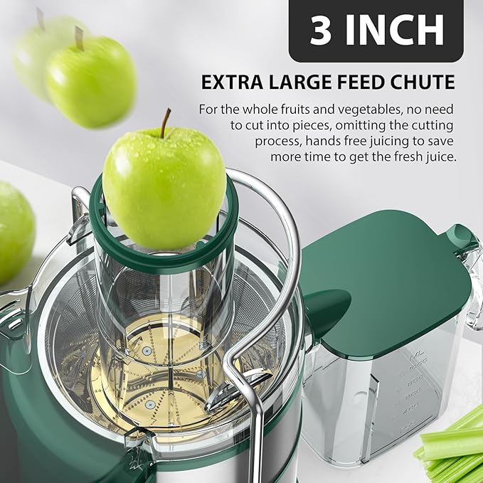 1300W KOIOS Centrifugal Juicer Machines, Juice Extractor with Extra Large 3inch Feed Chute, Full Copper Motor, Titanium-Plated Filter, High Juice Yield, 3 Speeds Mode, Brush included, Non-BPA, Green