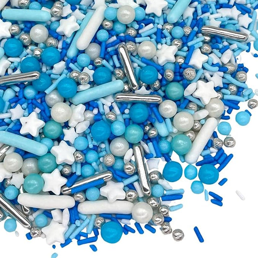 Manvscakes Sprinkles- Edible Cake and Cupcake Sprinkles with Assorted Shapes and Sizes for Parties, Metallic Sprinkle Mix for Cookies, Ice Cream, Cake and Cupcake Decorating, 4 oz, Blue sprinkles