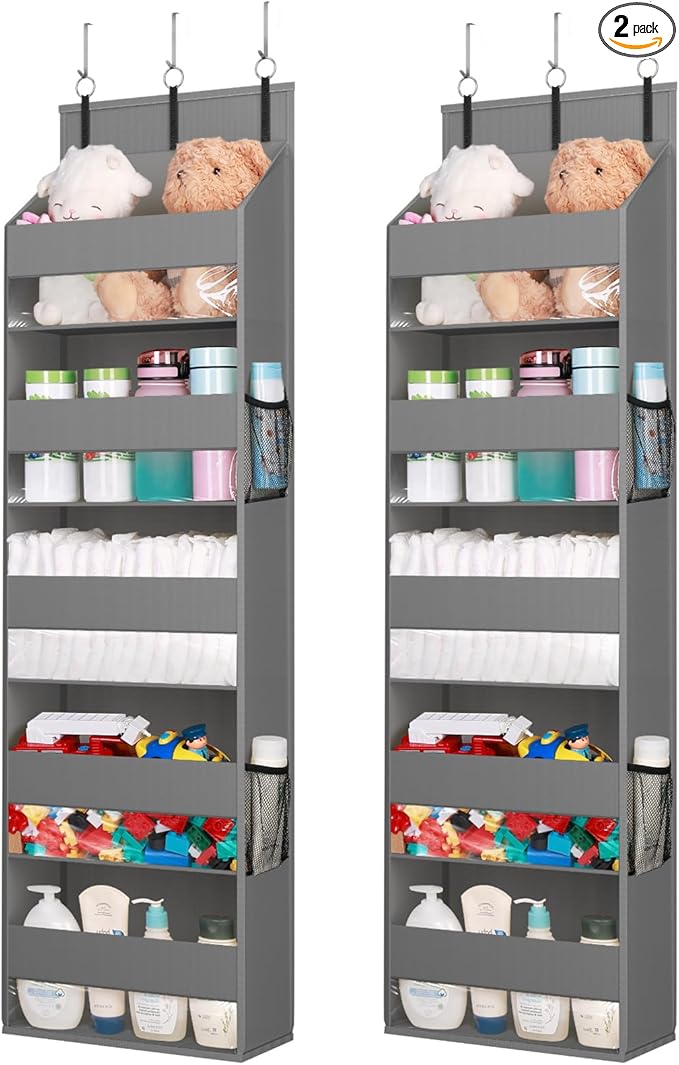Lifewit 2 Pack Over the Door Organizer, 5 Shelf Clear Window Hanging Storage with 4 Mesh Side Pockets, Anti Tilt 40 lbs Load Behind Door for Pantry, Nursery, Bathroom, Bedroom, Kitchen, Dorm, Gray