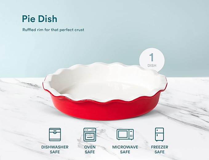 KooK Pie Dish, Pie Pan, Quiche Baking Dish, Ceramic Round, Deep Baking Dish, for Cakes, Tart, Microwave, Oven, Dishwasher Safe, 44 Oz, (Cherry)