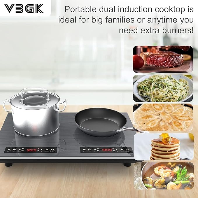 VBGK Double Induction Cooktop, 24 inch 4000W Electric cooktop with hot plate, induction stove top with LED Touch Screen 9 Levels Settings with Child Safety Lock & Timer 110V Induction cooktop 2 burner