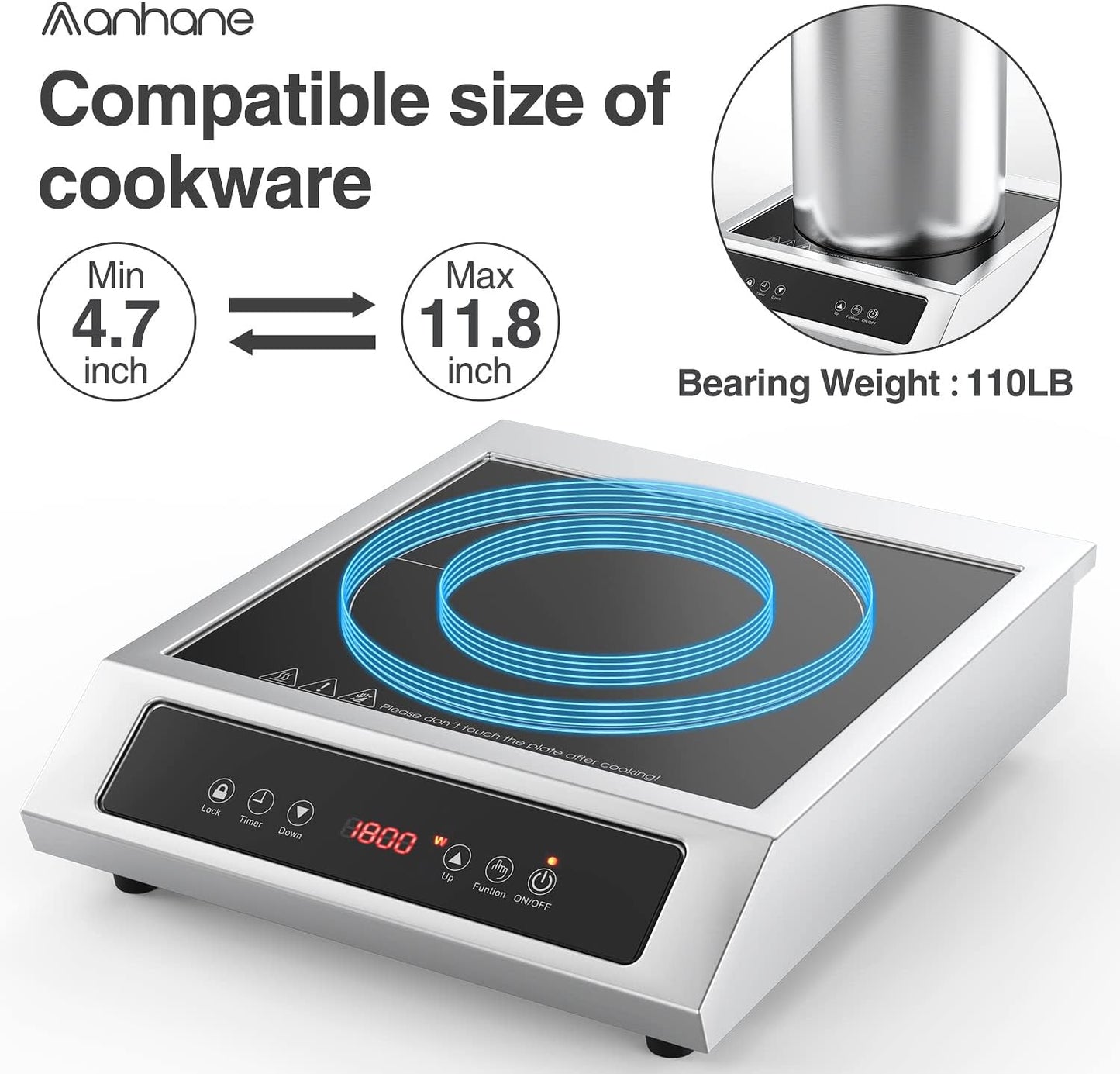 1800W Professional Commercial Induction Cooktop: 120V Stainless Steel Countertop Burner for RV, Small Restaurant, Catering Kitchen - Portable Hot Plate with 3-Hour Timer, Touch Panel