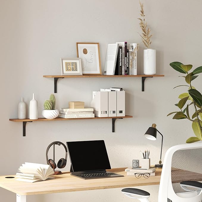 DINZI LVJ Long Wall Shelves, 47.3Inch Wall Mounted Shelves Set of 4, Extra Large Wall Storage Ledges with Sturdy Metal Brackets for Living Room, Bathroom, Bedroom, Kitchen, Rustic Brown