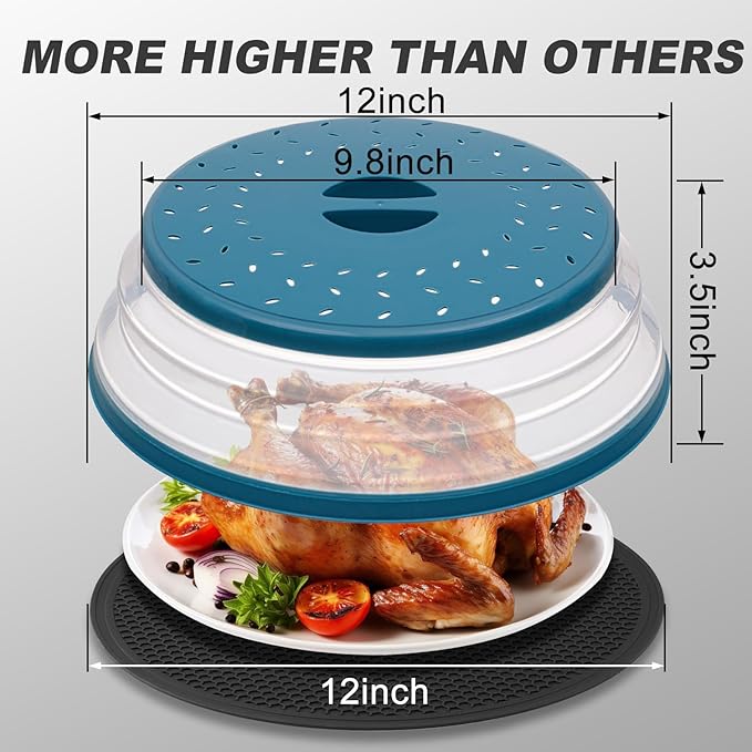 WENWELL Large Microwave Splatter Cover & Silicone Mat,12 Inchs Vented Collapsible Guard dish Plate lid & Round Kitchen mat for food
