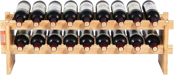 VEVOR 18 Bottle Stackable Modular Wine Rack, 2-Tier Solid Bamboo Wood Storage Racks, Floor Freestanding Wines Holder Display Shelf, Wobble-Free Shelves for Kitchen, Bar, and Cellar (Natural Color)