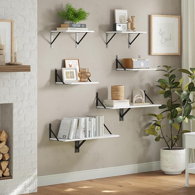 DINZI LVJ Deep Floating Shelves, 16 W x 12" D Wall Shelves Set of 2, Wide Display Shelf Wall Mounted with Brackets, Easy-to-Install Floating Bookshelf for Living Room, Bathroom, Bedroom, White