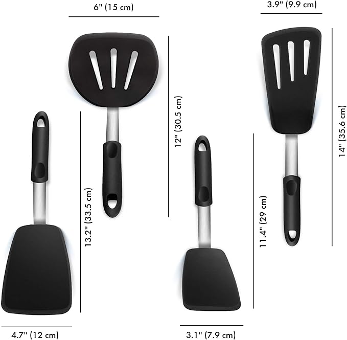 Set of 4 Silicone Spatula Utensils by Boxiki Kitchen. Professional Silicone and Stainless Steel Kitchen Spatula for Cooking, Pancakes, Eggs and Fish.