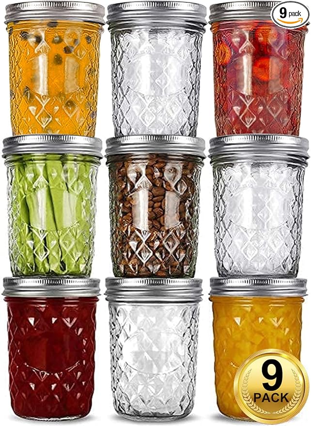 VERONES Wide Mouth Mason Jars 16oz, 9 Pack 16 oz Wide Mouth Mason Jars with Lids and Bands, Ideal for Jam, Honey, Wedding Favors, Shower Favors