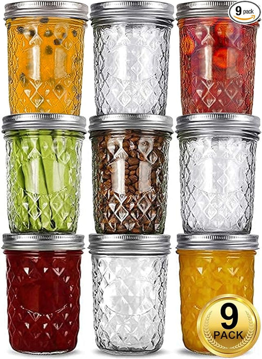 VERONES Wide Mouth Mason Jars 16oz, 9 Pack 16 oz Wide Mouth Mason Jars with Lids and Bands, Ideal for Jam, Honey, Wedding Favors, Shower Favors