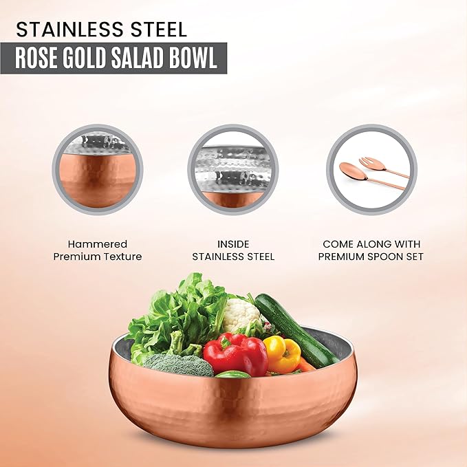 Avador® Set of 3 Premium Stainless Steel Salad Mixing Bowl Hammered Finish | Handmade | Includes Salad Serving Utensils (Rose Gold)