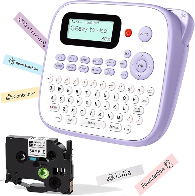 Label Maker Machine with-Tape Waterproof, Purple Desktop Label Maker for Teachers Kids Classroom, Portable Labeler with Multiple Symbols &Fonts for Home Office School Use, D210S