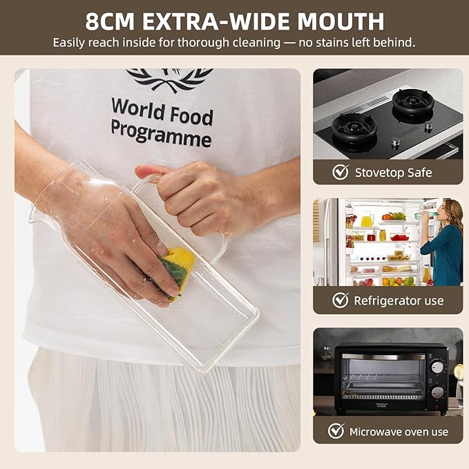 Glass Water Pitcher with Lid and Spout, 2L/68 Ounces Heat Resistant Borosilicate Glass Carafe, Temperature Safe