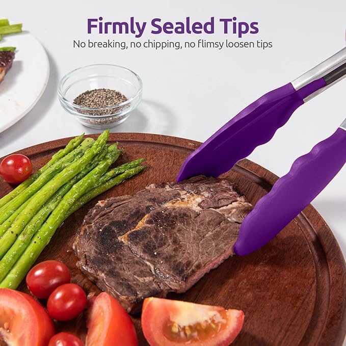 Heat Resistant Silicone Kitchen Tong: U-Taste 9 inch 480ºF Hot Proof Cooking Tong with Firm Sealed Non Stick Rubber Tips & Silicon Coated Steel Handle & Smooth Locking for Serving Grill Salad (Purple)