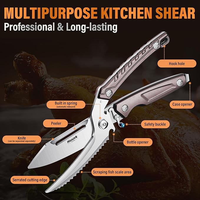 Huusk Heavy Duty Poultry Scissors - Kitchen Scissor for Food with Serrated Edge, Detachable Sharp Shears for Cutting Meat, Chicken Bone and Turkey, Scissors All Purpose for Thanksgiving (Brown)